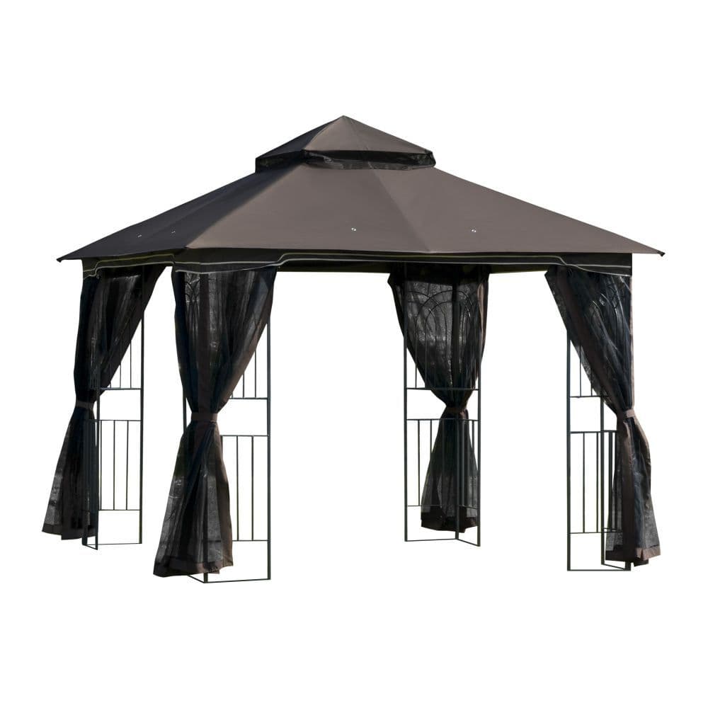 image-Gazebo 3x3m Patio Canopy Double Tier Roof, Mesh Curtains Coffee