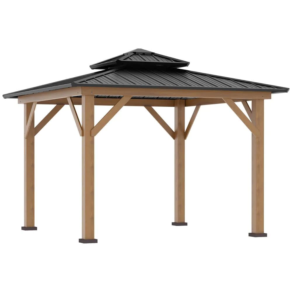 image-3.5 x 3.5m Aluminium Hardtop Gazebo Canopy 2-Tier Roof Grey