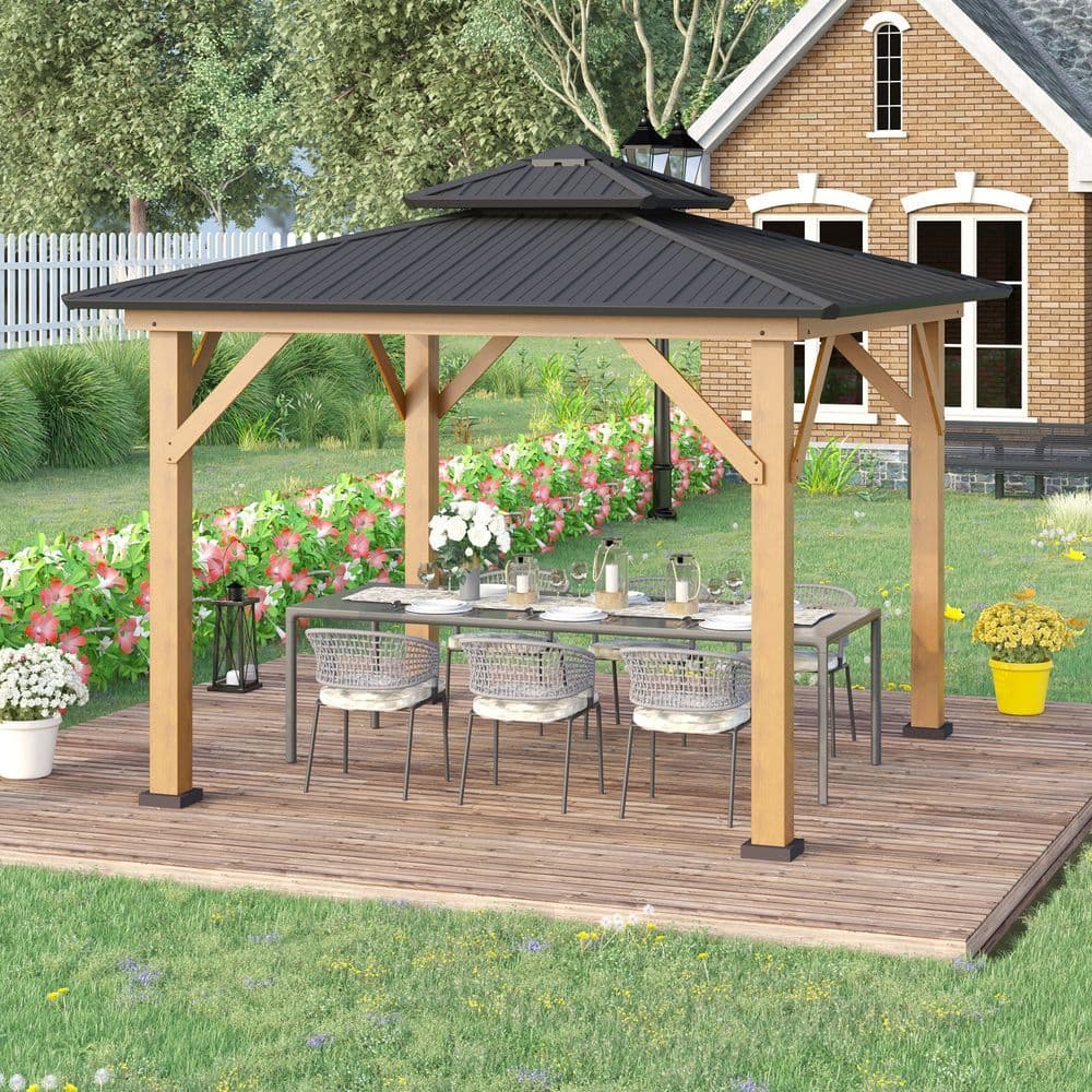 image-3.5 x 3.5m Aluminium Hardtop Gazebo Canopy 2-Tier Roof Grey