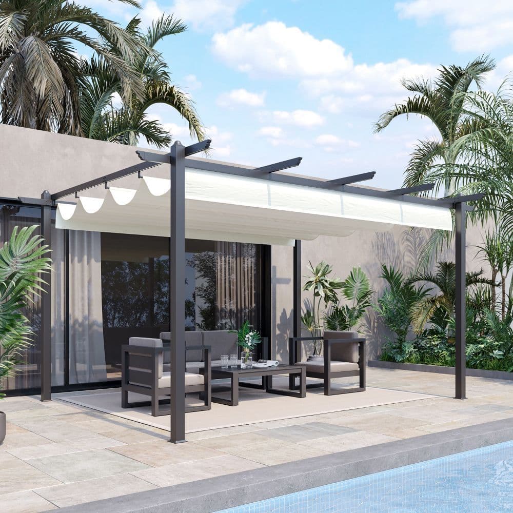 image-4 x 3m Aluminum Pergola Gazebo Retractable Roof CanopyCream White