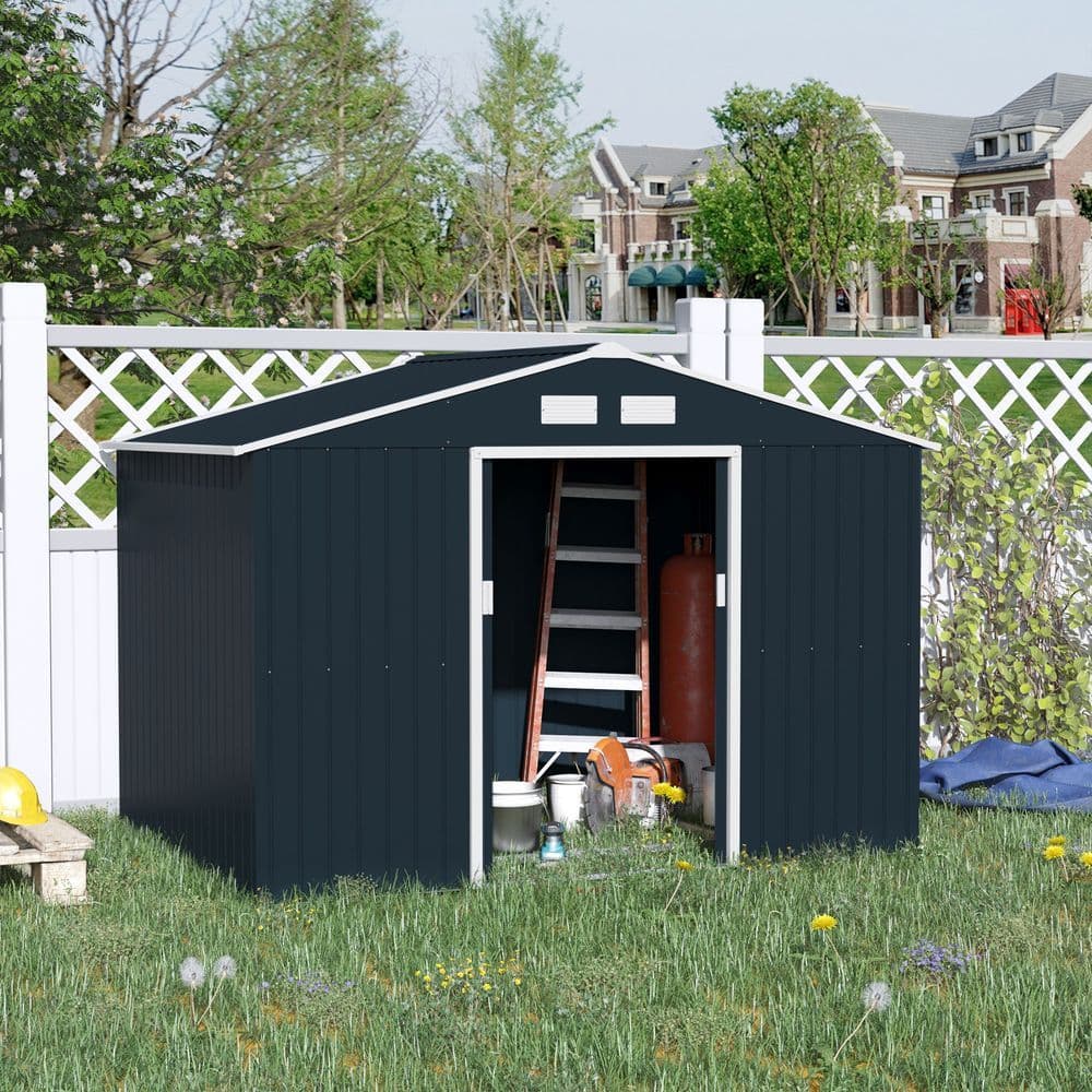 image-9 x 6FT Garden Roofed Metal Storage with Foundation Vent & Doors, Dark Grey