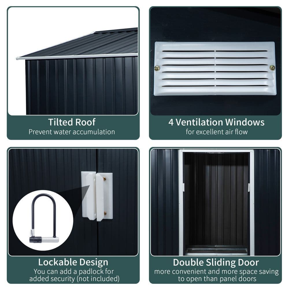 image-9 x 6FT Garden Roofed Metal Storage with Foundation Vent & Doors, Dark Grey
