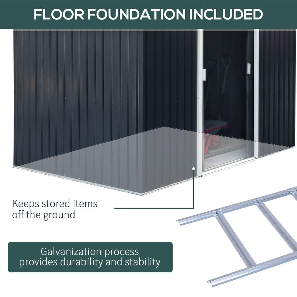 image-9 x 6FT Garden Roofed Metal Storage with Foundation Vent & Doors, Dark Grey