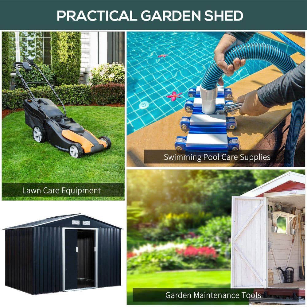 image-9 x 6FT Garden Roofed Metal Storage with Foundation Vent & Doors, Dark Grey