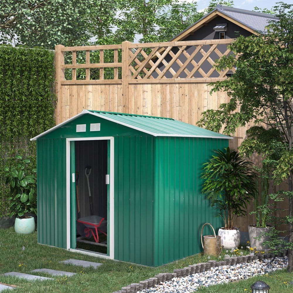 image-Metal 9x6 ft Garden Shed Storage Door Roof Building Container-Green