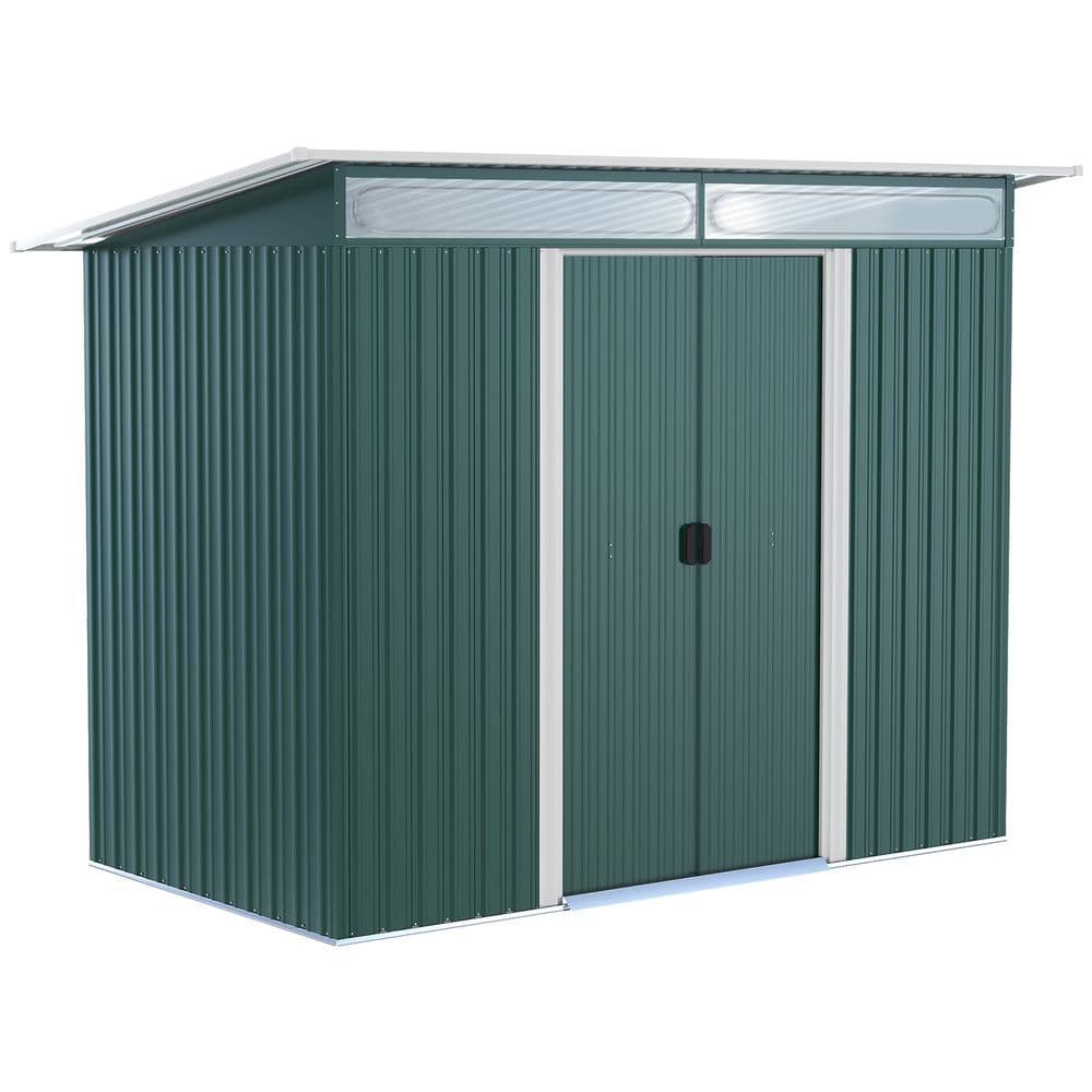 image-Pent Roofed Metal Shed Foundation Vent 260x133x200cm Sliding Door Green