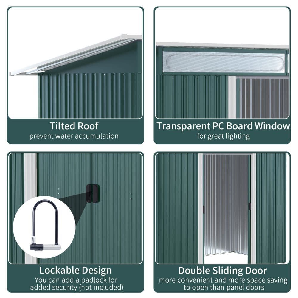image-Pent Roofed Metal Shed Foundation Vent 260x133x200cm Sliding Door Green