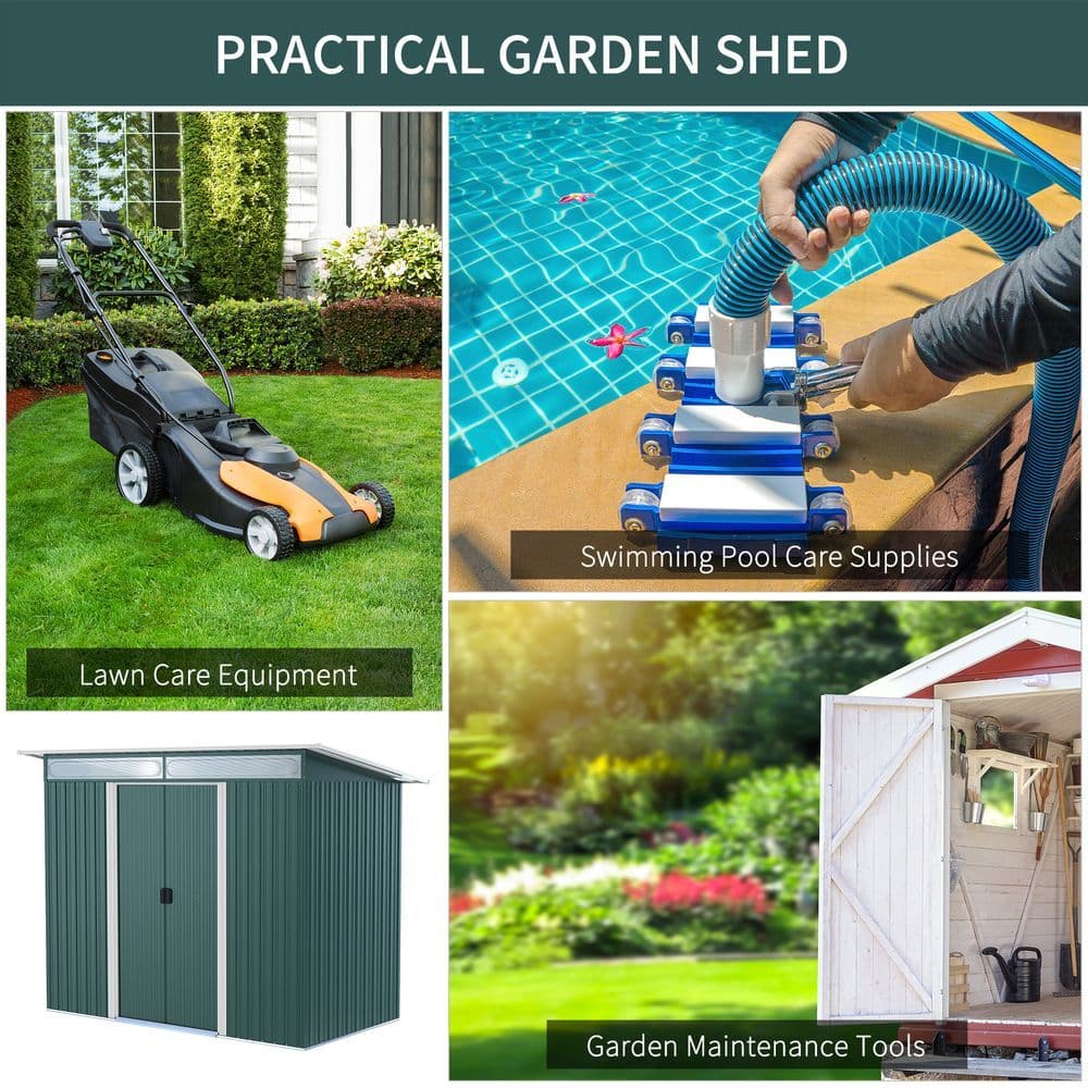 image-Pent Roofed Metal Shed Foundation Vent 260x133x200cm Sliding Door Green