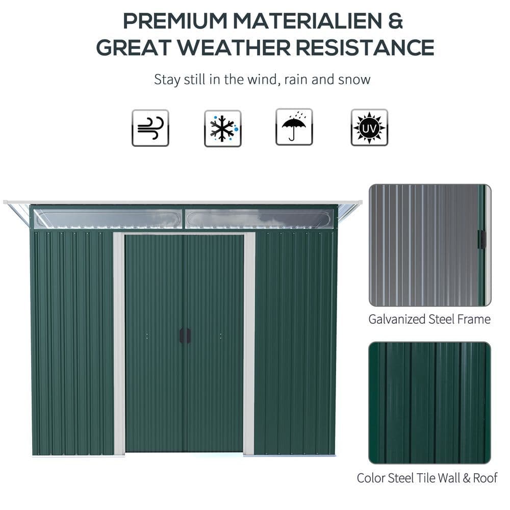 image-Pent Roofed Metal Shed Foundation Vent 260x133x200cm Sliding Door Green