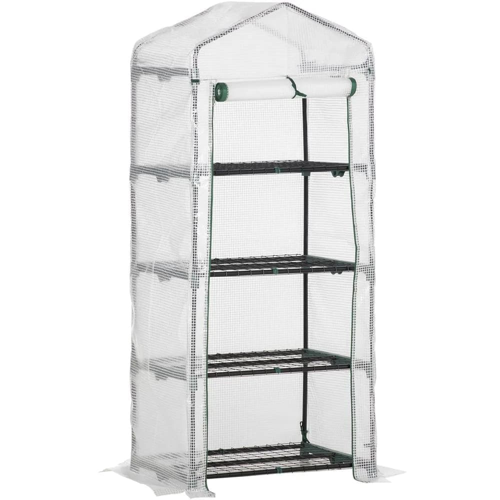 image-4 Tier Mini Greenhouse, Portable with Steel Frame, PE Cover, 160x69x50cm