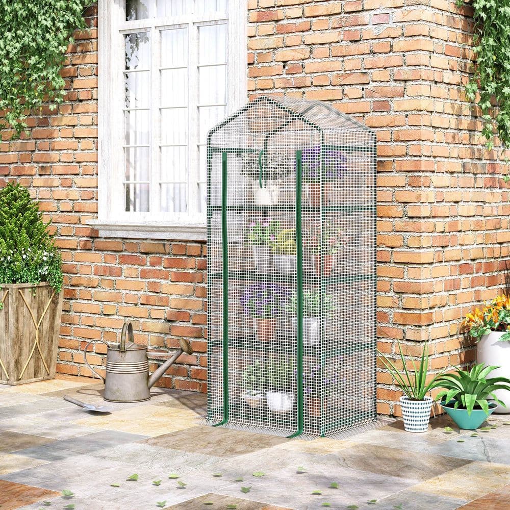 image-4 Tier Mini Greenhouse, Portable with Steel Frame, PE Cover, 160x69x50cm