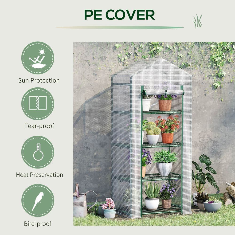 image-4 Tier Mini Greenhouse, Portable with Steel Frame, PE Cover, 160x69x50cm