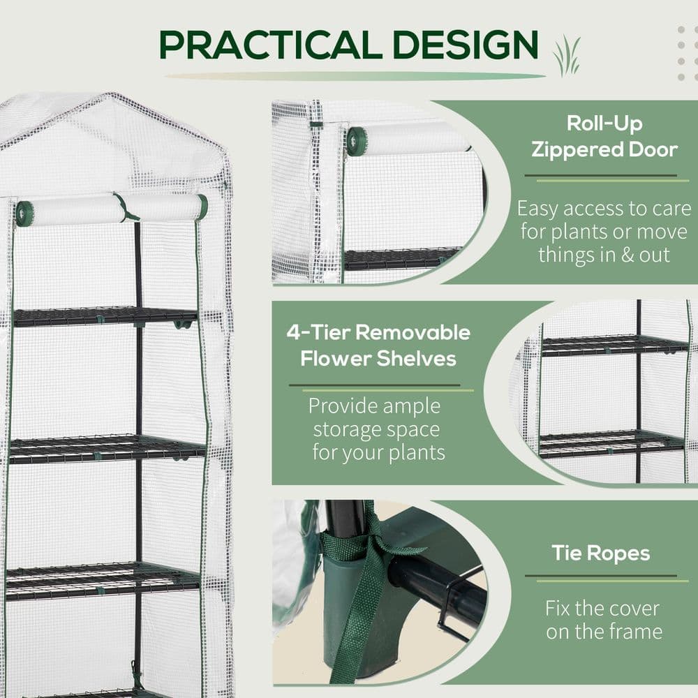 image-4 Tier Mini Greenhouse, Portable with Steel Frame, PE Cover, 160x69x50cm