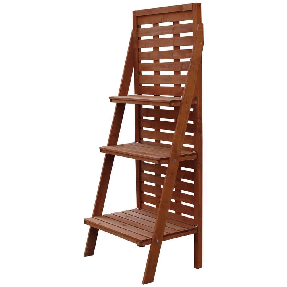image-Outsunny Fir Wood 3-Tier Outdoor Plant Ladder Stand Burnt Orange Tone