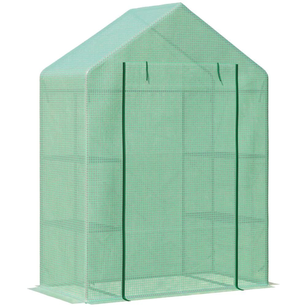 image-WalkIn Greenhouse 2 Tier Shelf, Roll-Up Door, PE Cover, 141x72x191cm, Green