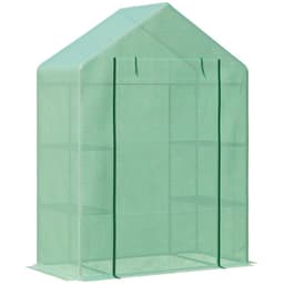 image-WalkIn Greenhouse 2 Tier Shelf, Roll-Up Door, PE Cover, 141x72x191cm, Green