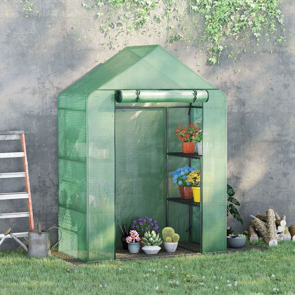 image-WalkIn Greenhouse 2 Tier Shelf, Roll-Up Door, PE Cover, 141x72x191cm, Green