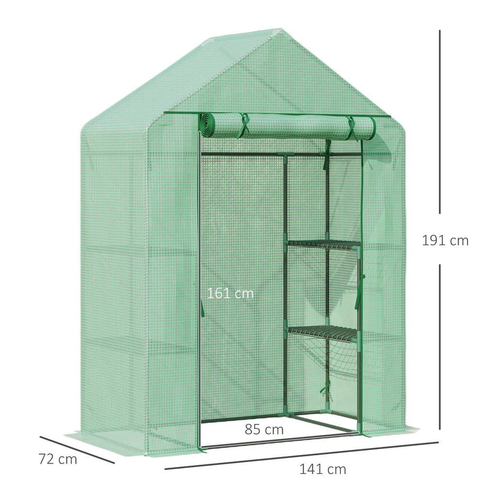 image-WalkIn Greenhouse 2 Tier Shelf, Roll-Up Door, PE Cover, 141x72x191cm, Green