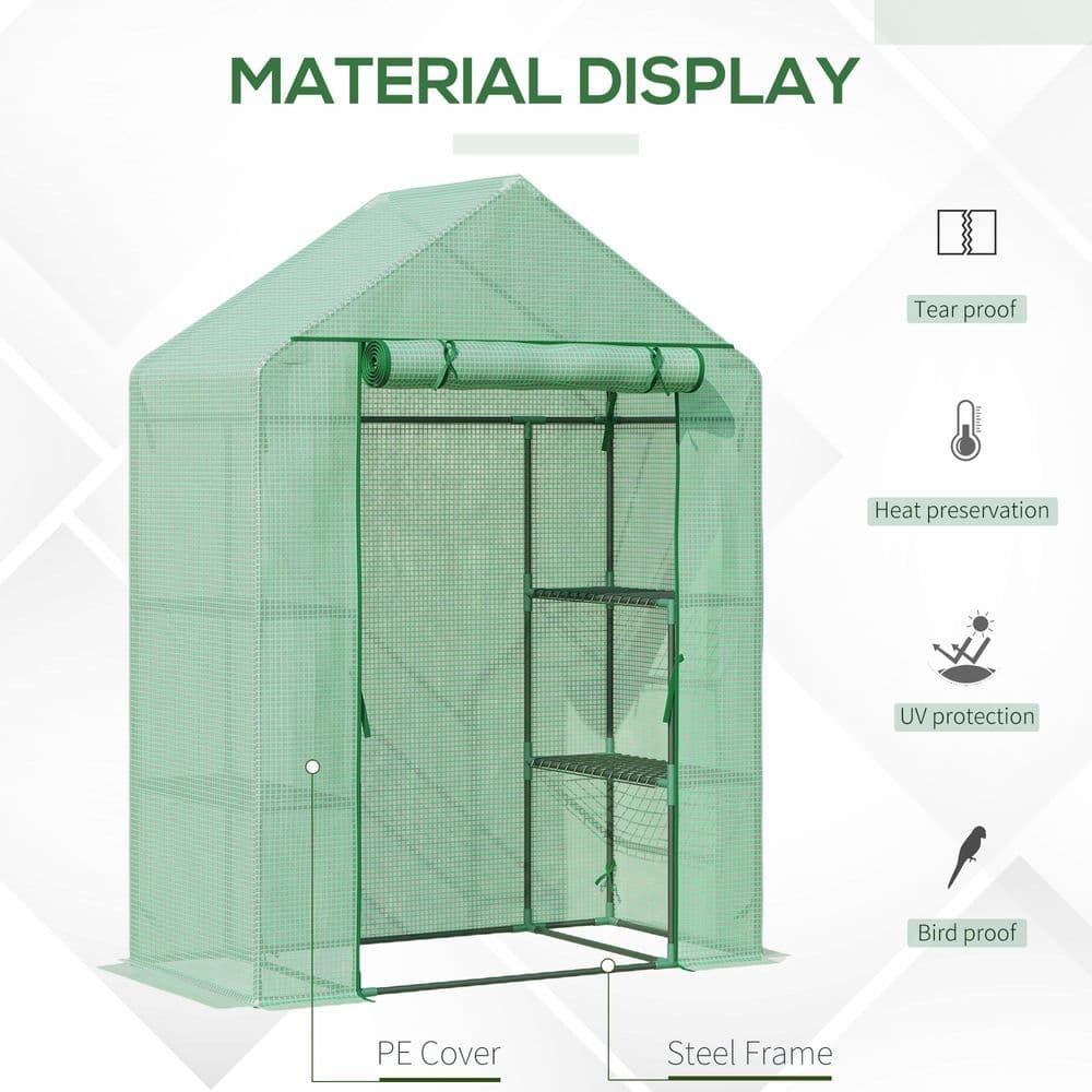 image-WalkIn Greenhouse 2 Tier Shelf, Roll-Up Door, PE Cover, 141x72x191cm, Green