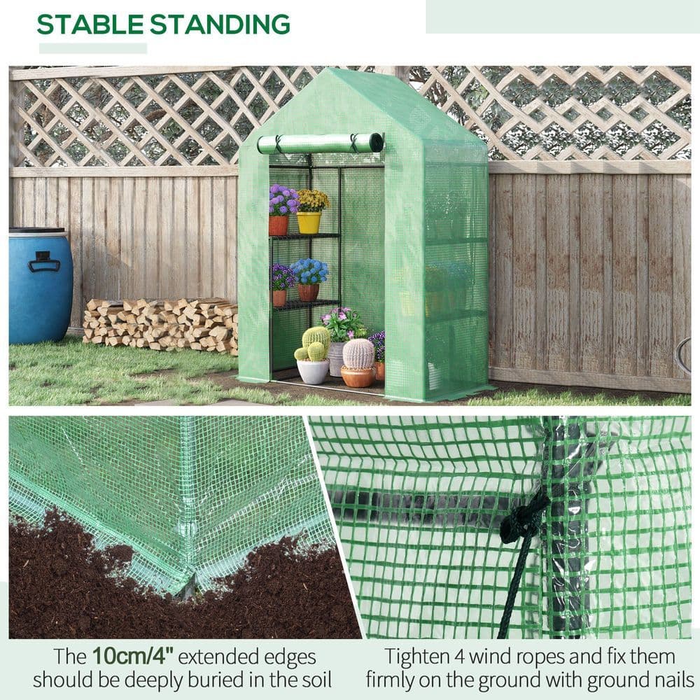 image-WalkIn Greenhouse 2 Tier Shelf, Roll-Up Door, PE Cover, 141x72x191cm, Green