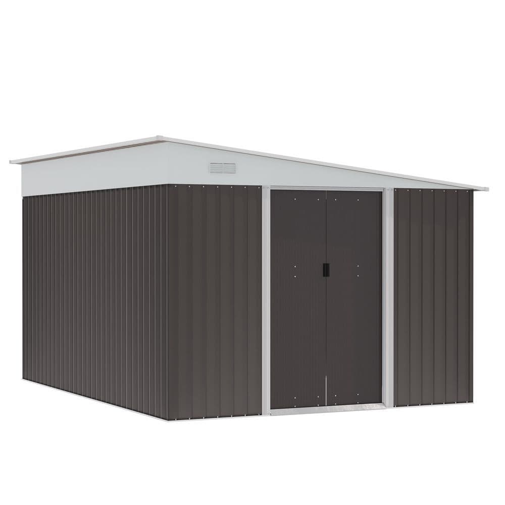 image-11.3 x 9.2ft Steel Garden Shed Metal Tool House Double Doors & 2 Air Vents, Grey