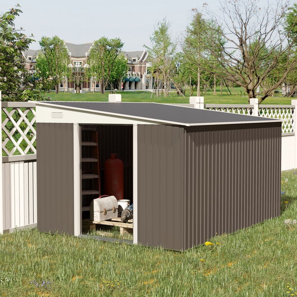 image-11.3 x 9.2ft Steel Garden Shed Metal Tool House Double Doors & 2 Air Vents, Grey