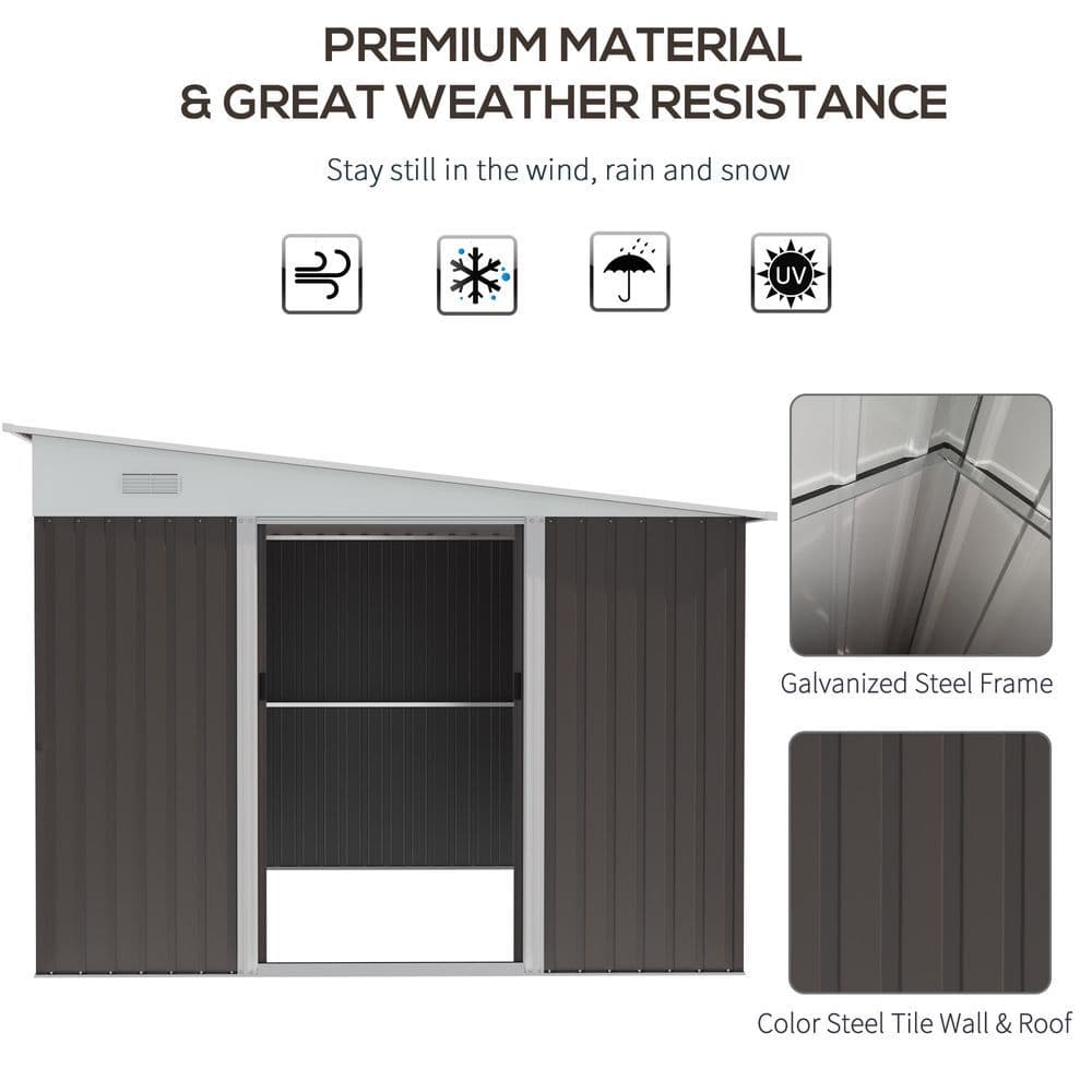 image-11.3 x 9.2ft Steel Garden Shed Metal Tool House Double Doors & 2 Air Vents, Grey