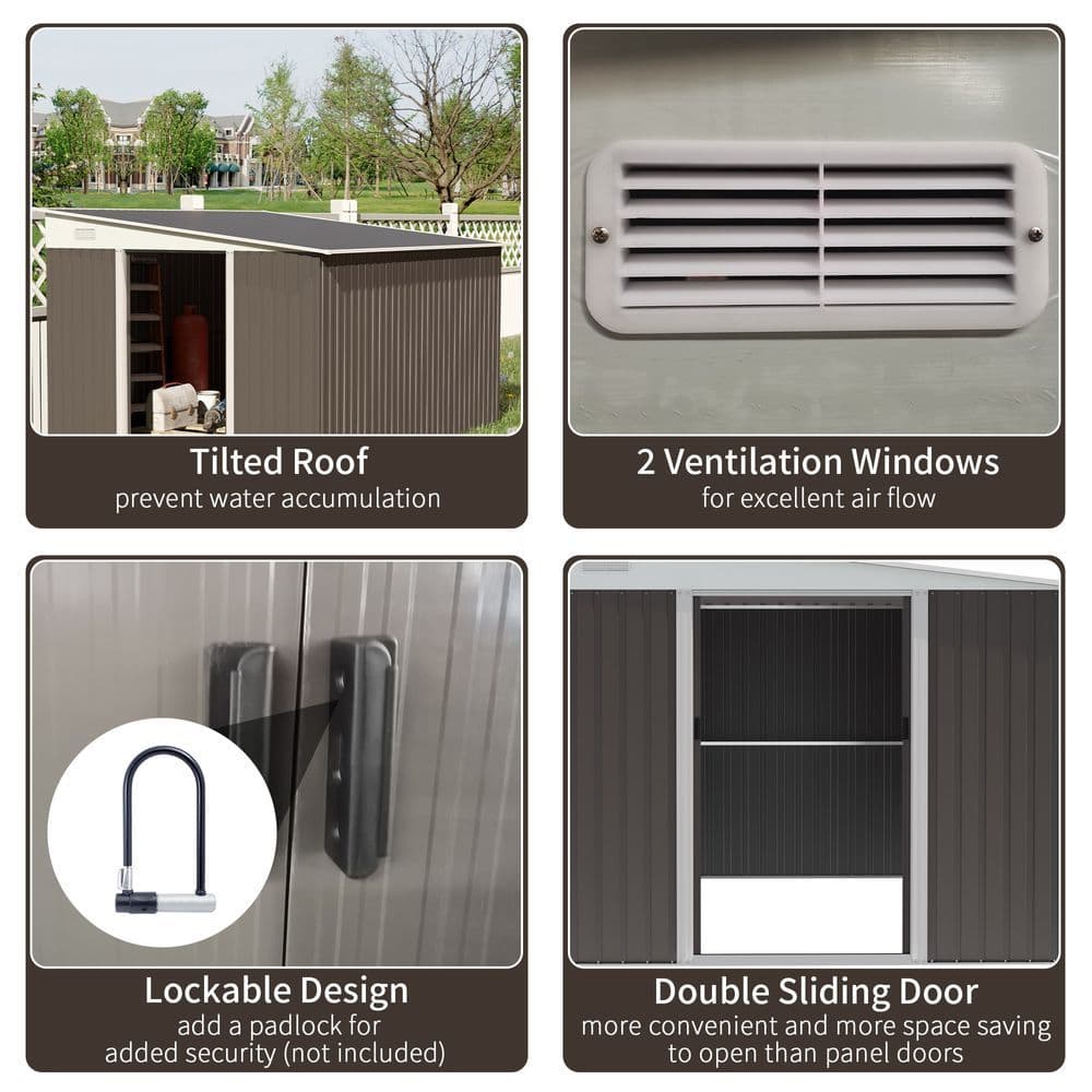 image-11.3 x 9.2ft Steel Garden Shed Metal Tool House Double Doors & 2 Air Vents, Grey