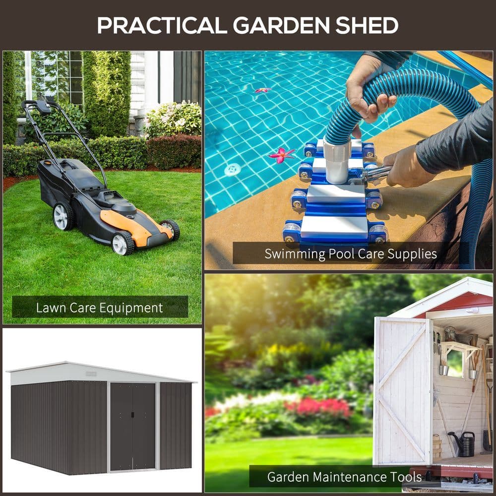 image-11.3 x 9.2ft Steel Garden Shed Metal Tool House Double Doors & 2 Air Vents, Grey