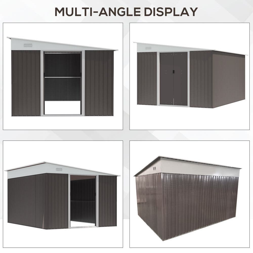 image-11.3 x 9.2ft Steel Garden Shed Metal Tool House Double Doors & 2 Air Vents, Grey