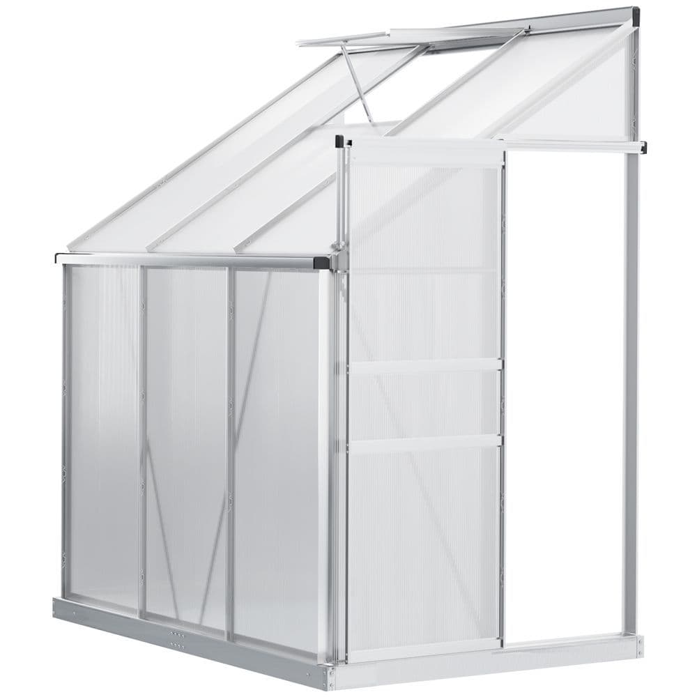 image-6 x 4ft Polycarbonate Greenhouse Aluminum Roof Vent, Rain Gutter Sliding Door,