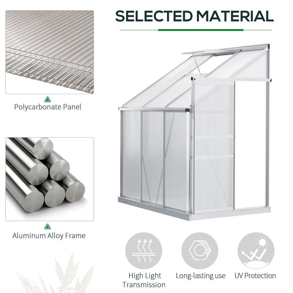 image-6 x 4ft Polycarbonate Greenhouse Aluminum Roof Vent, Rain Gutter Sliding Door,