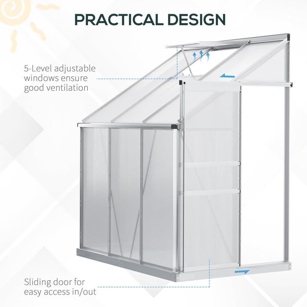 image-6 x 4ft Polycarbonate Greenhouse Aluminum Roof Vent, Rain Gutter Sliding Door,