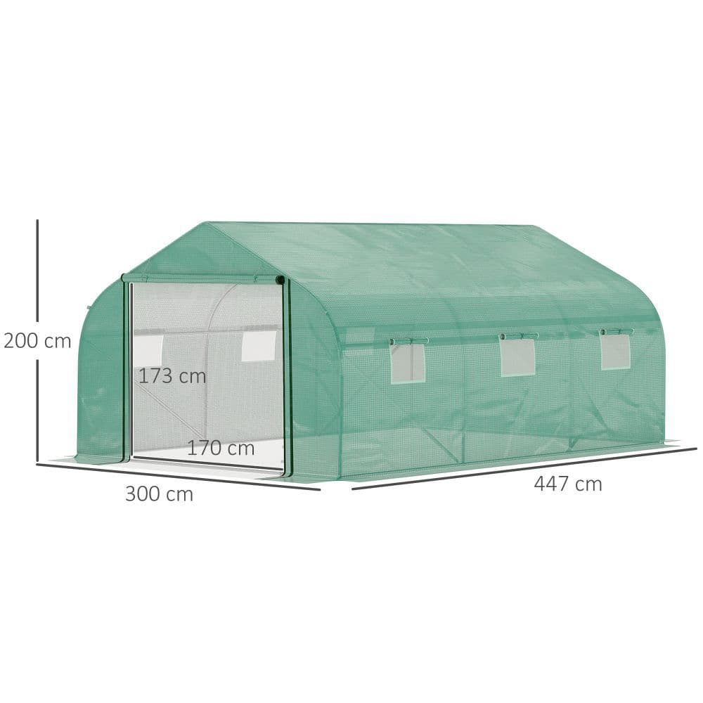 image-4.47 x 3 x 2m Walk-in Polytunnel Tent, PE Cover, ZipDoor 6Windows, Green