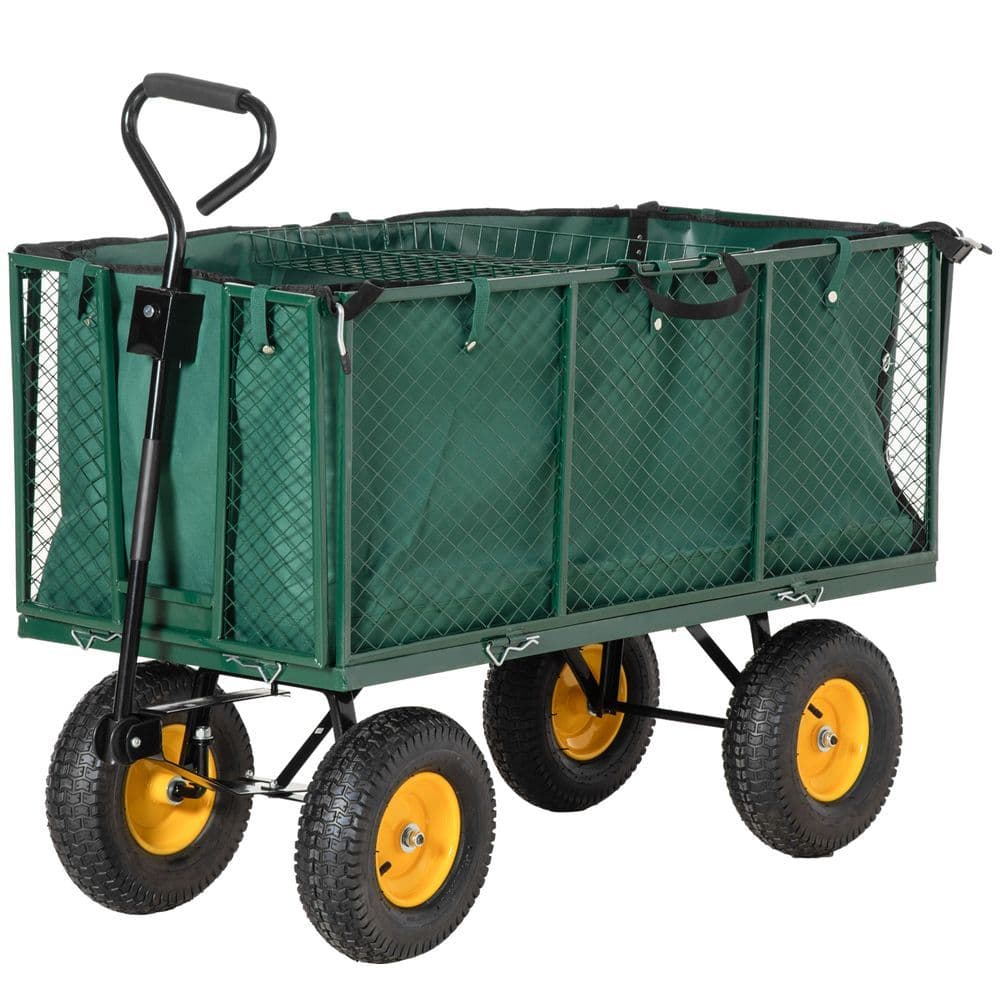 image-Large 4 Wheel Garden Cart Truck Trolley Wheelbarrow - Green Trailer