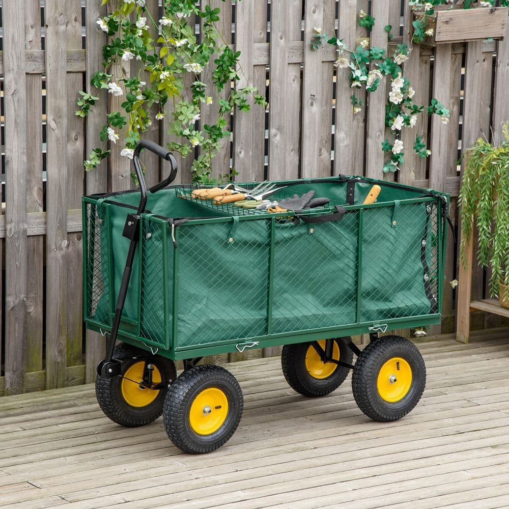 image-Large 4 Wheel Garden Cart Truck Trolley Wheelbarrow - Green Trailer