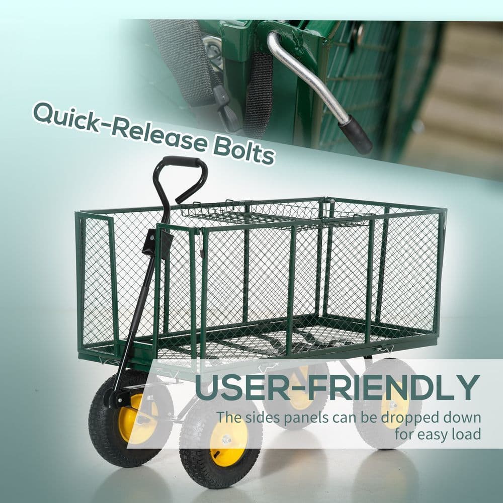 image-Large 4 Wheel Garden Cart Truck Trolley Wheelbarrow - Green Trailer