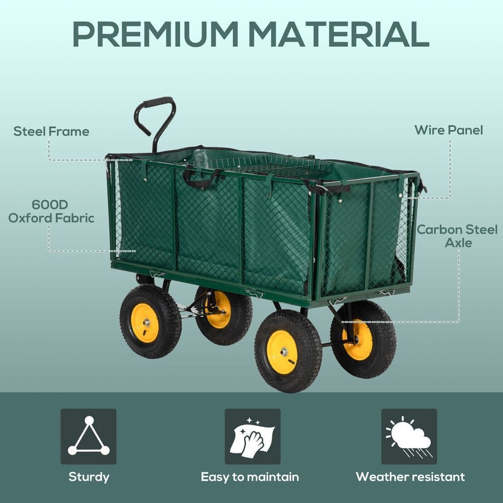 image-Large 4 Wheel Garden Cart Truck Trolley Wheelbarrow - Green Trailer