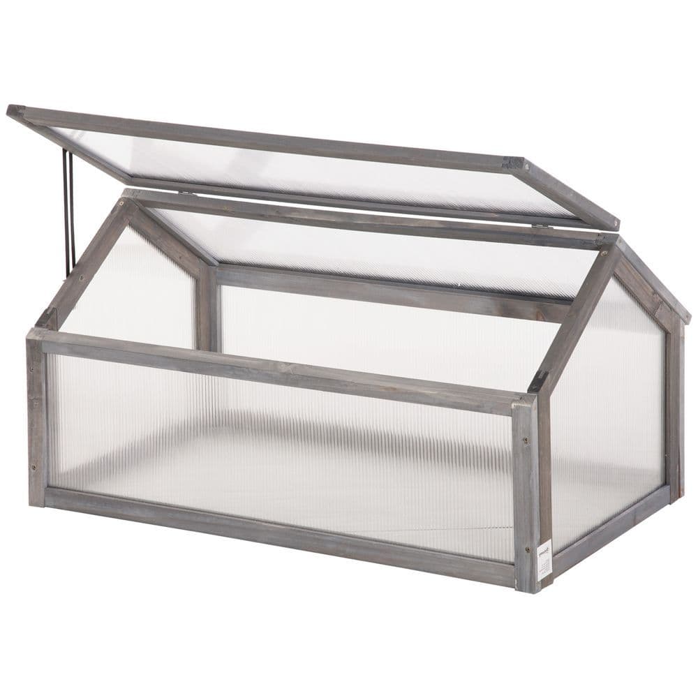 image-Wooden Cold Frame Greenhouse PC 90 x 52 x 50cm, Grey House,