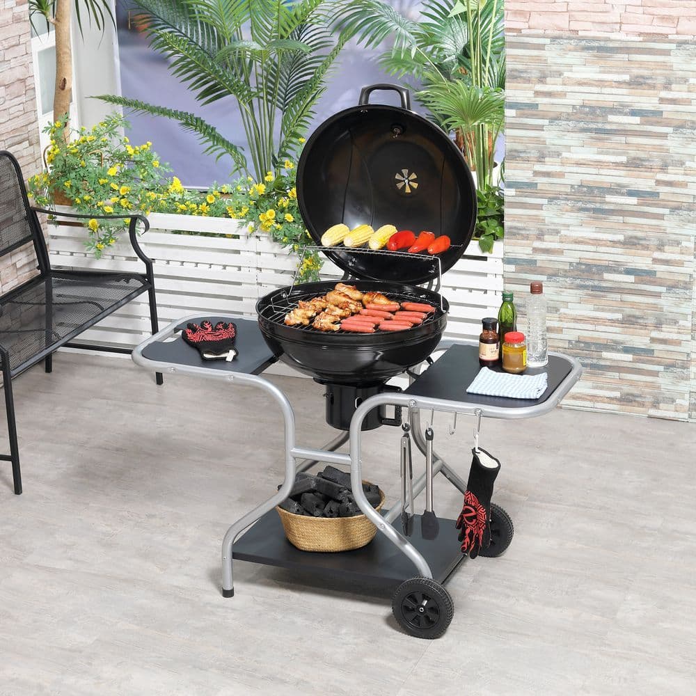 image-Outsunny Garden Charcoal Trolley Barbecue Gril lW/Wheels-Black