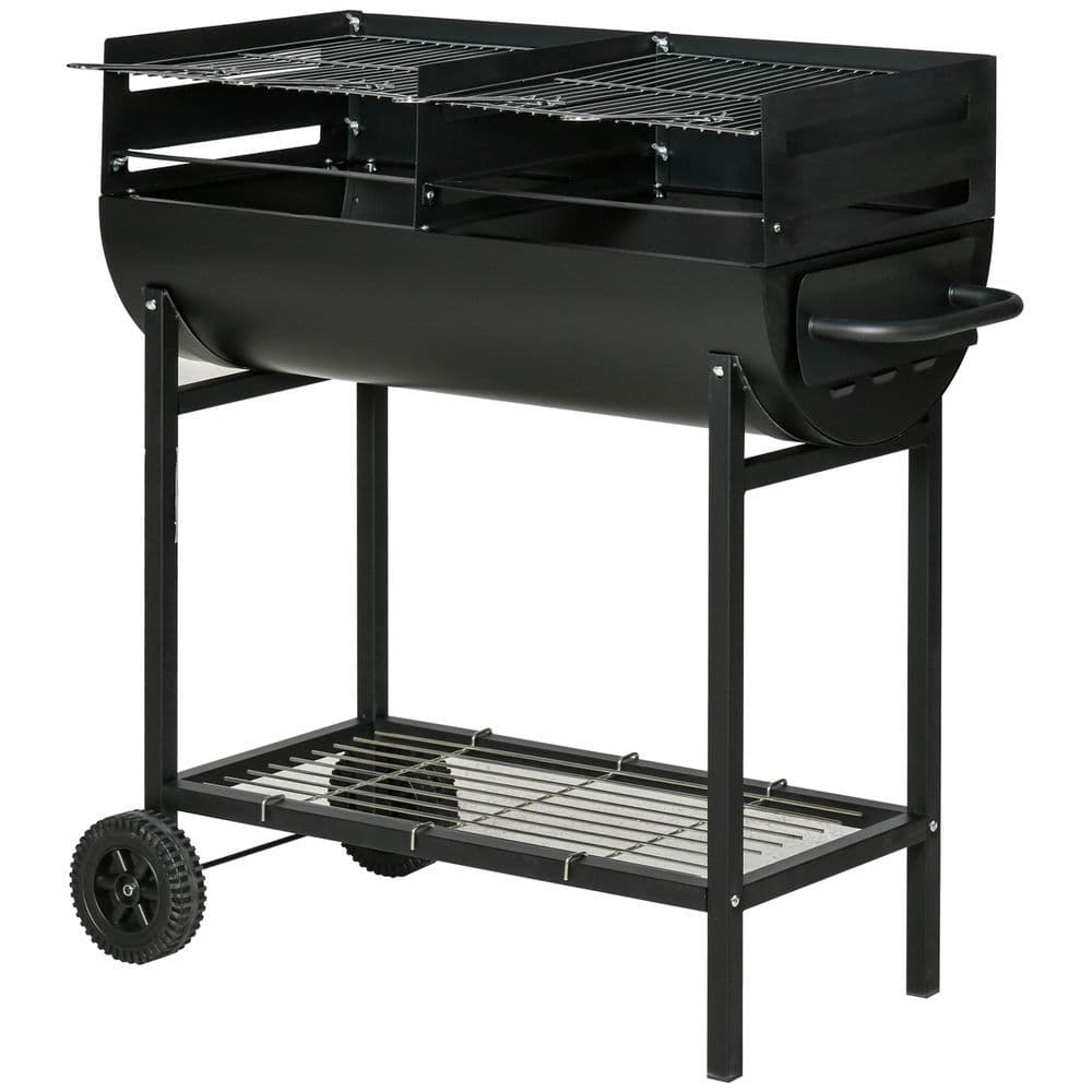 image-Outsunny Steel 2-Grill Charcoal BBQ w/ Wheels Black