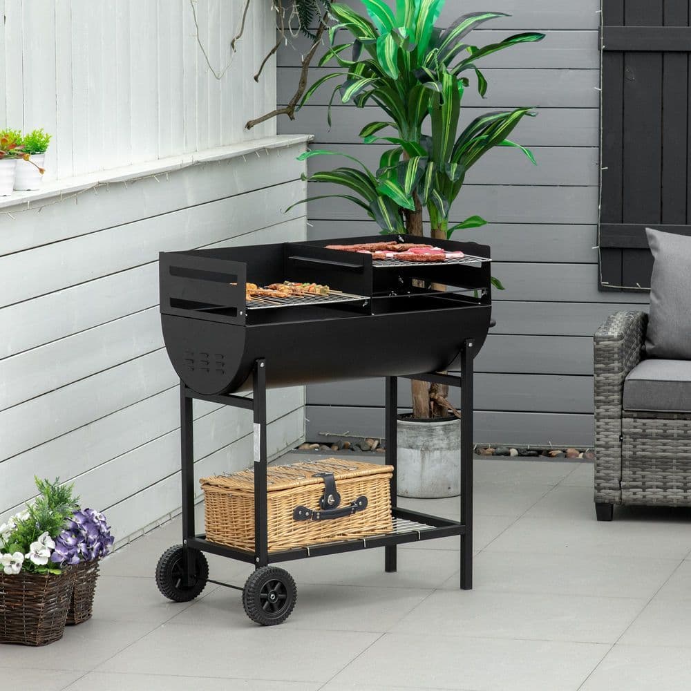 image-Outsunny Steel 2-Grill Charcoal BBQ w/ Wheels Black