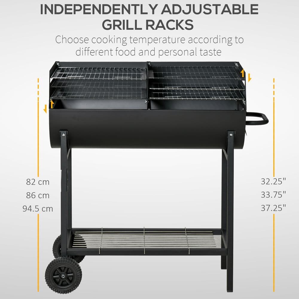 image-Outsunny Steel 2-Grill Charcoal BBQ w/ Wheels Black