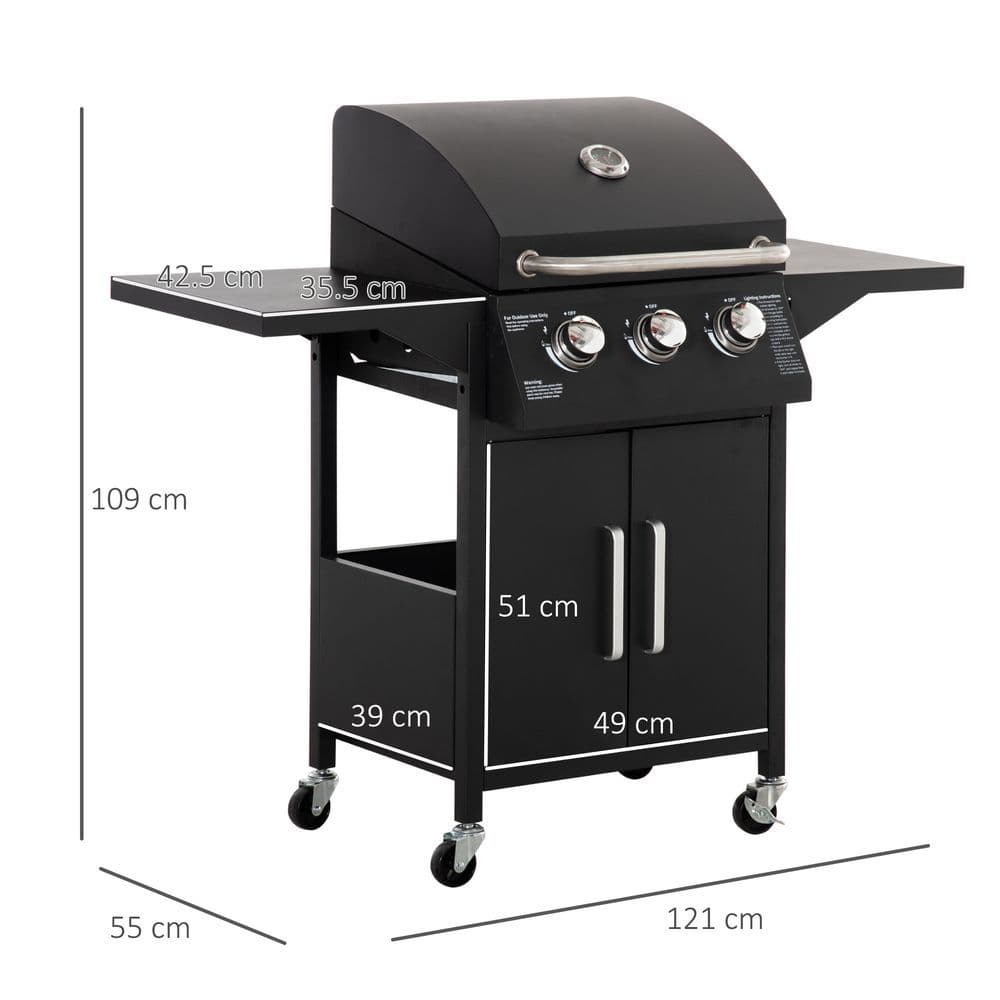 image-3 Burner Gas BBQ Grill Portable Barbecue Trolley Warming Rack Storage Cabinet