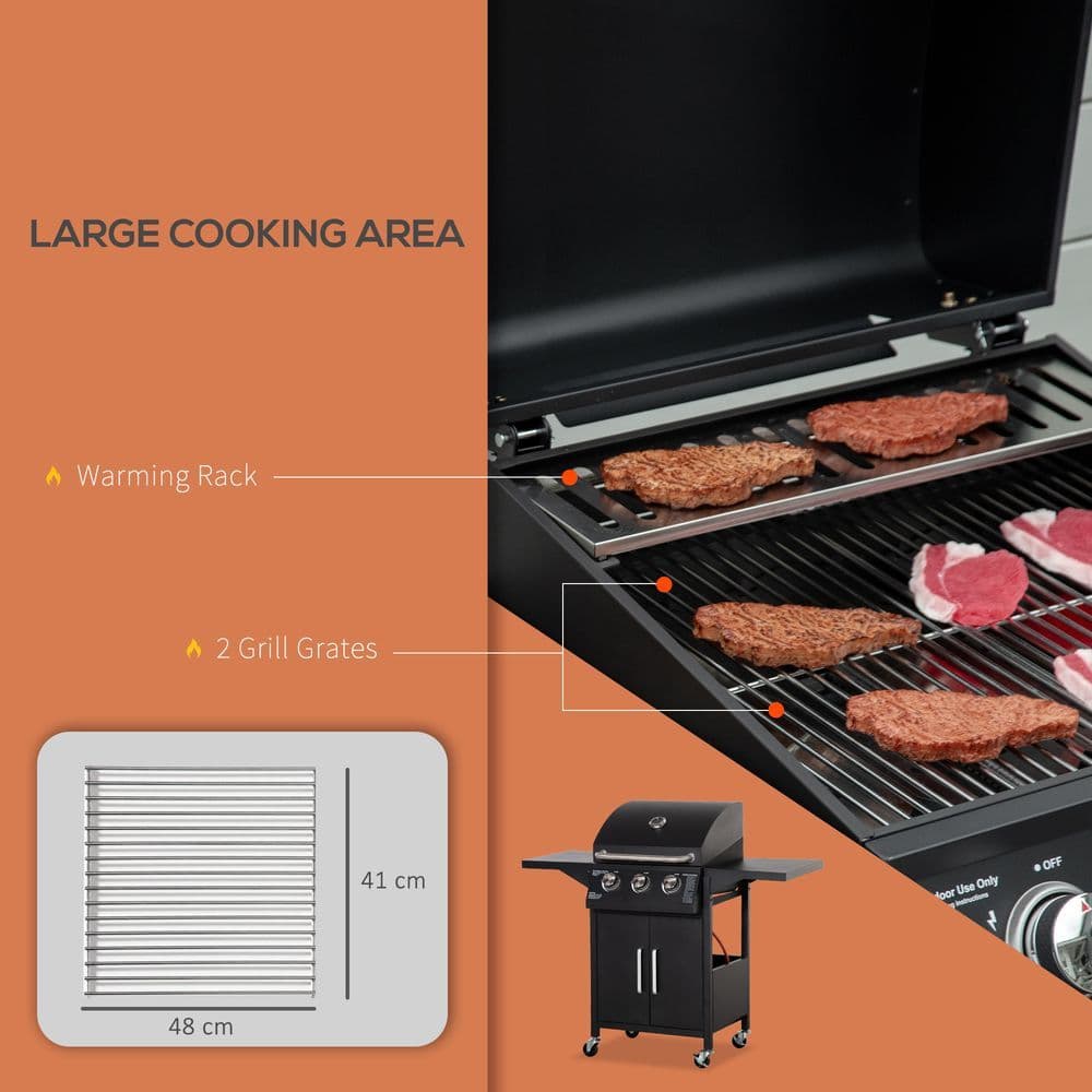image-3 Burner Gas BBQ Grill Portable Barbecue Trolley Warming Rack Storage Cabinet