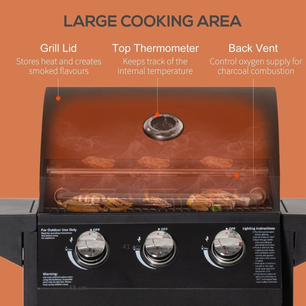 image-3 Burner Gas BBQ Grill Portable Barbecue Trolley Warming Rack Storage Cabinet