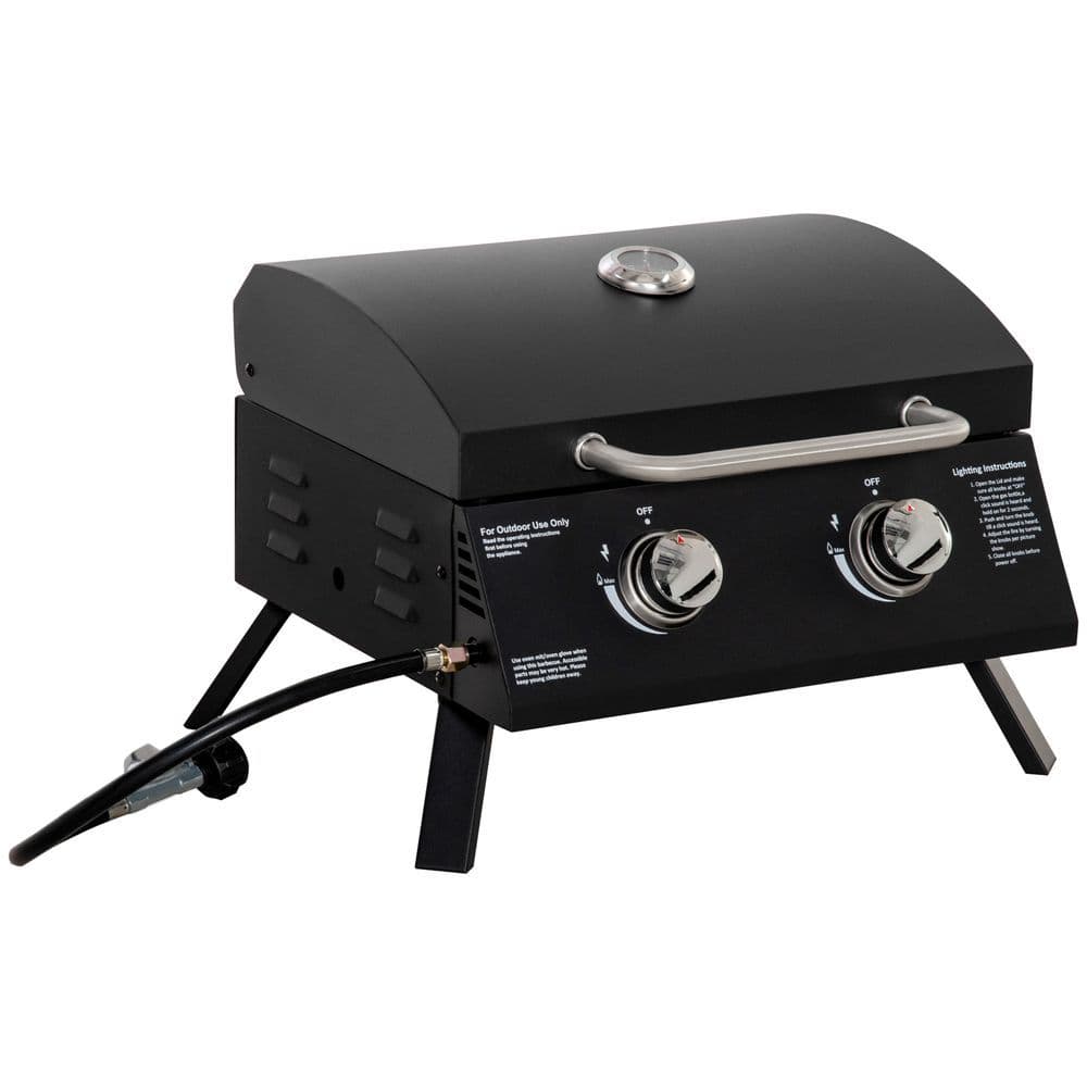 image-2 Burner Gas BBQ Grill Portable Folding Tabletop Barbecue Lid Thermometer Black