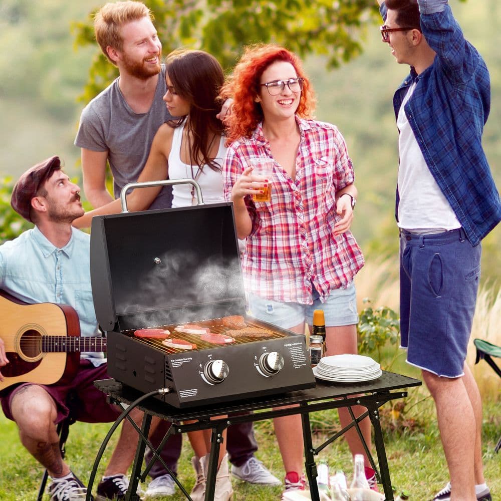 image-2 Burner Gas BBQ Grill Portable Folding Tabletop Barbecue Lid Thermometer Black