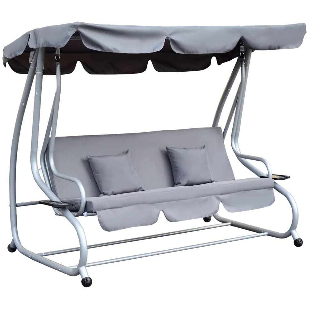image-Outsunny 3-Seater Garden Hammock Swing Chair Bench Luxury W/2 Free Pillows-Grey