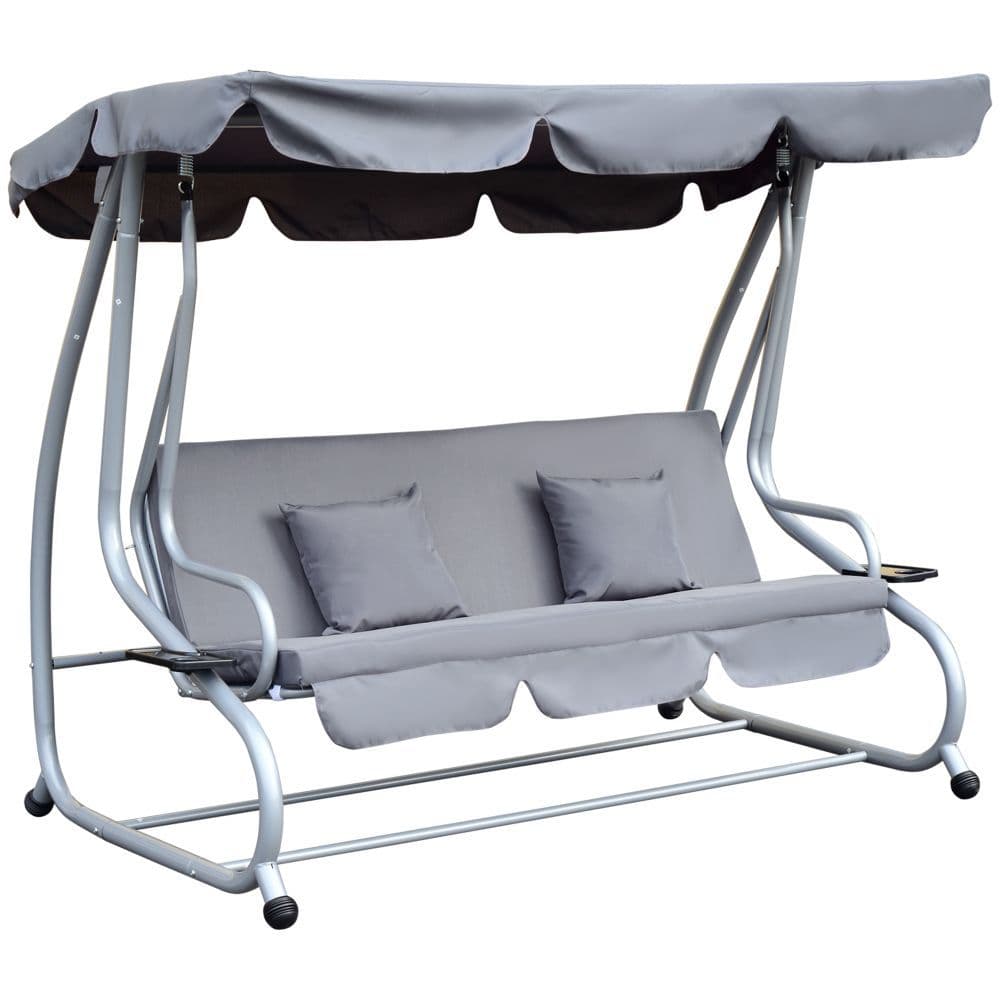 image-Outsunny 3-Seater Garden Hammock Swing Chair Bench Luxury W/2 Free Pillows-Grey